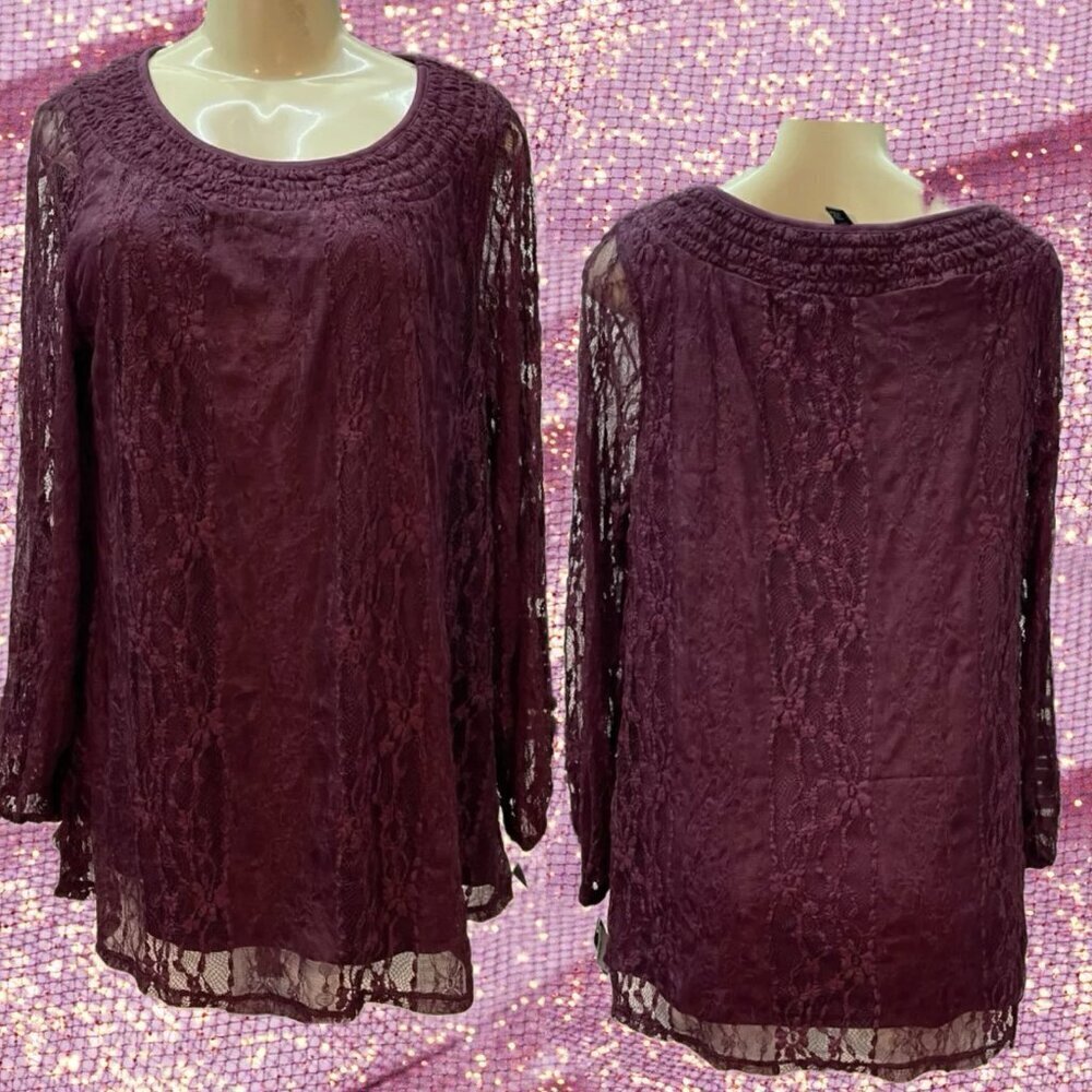 Style & Co +1X Purple Lace Lined Shirred Crew Neckline Long Sheer Sleeves Blouse